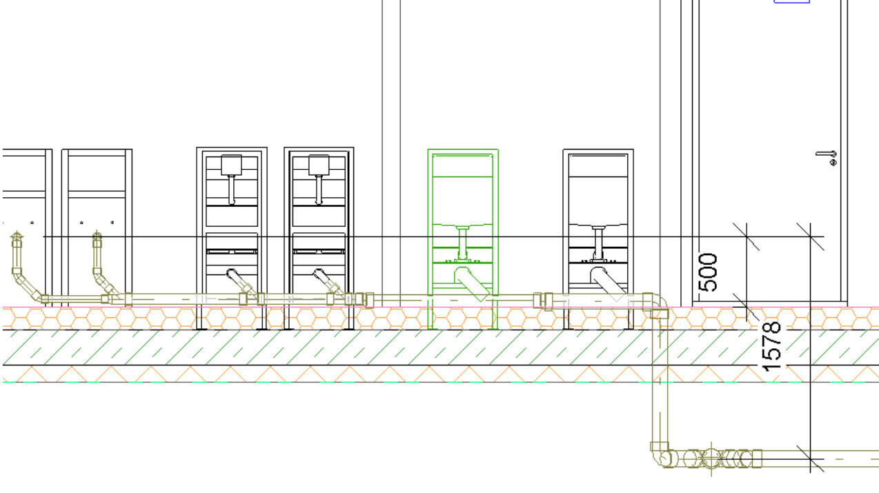 CAD-Schnitt durch Rohbau mit Fundament und Installationen unter Boden