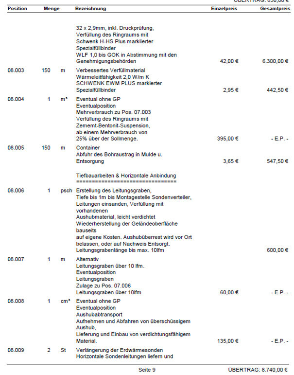 Seite 9: Preis- und Positionsliste mit Nummern 08.003–08.009, Mengen, Bezeichnungen, Preise.