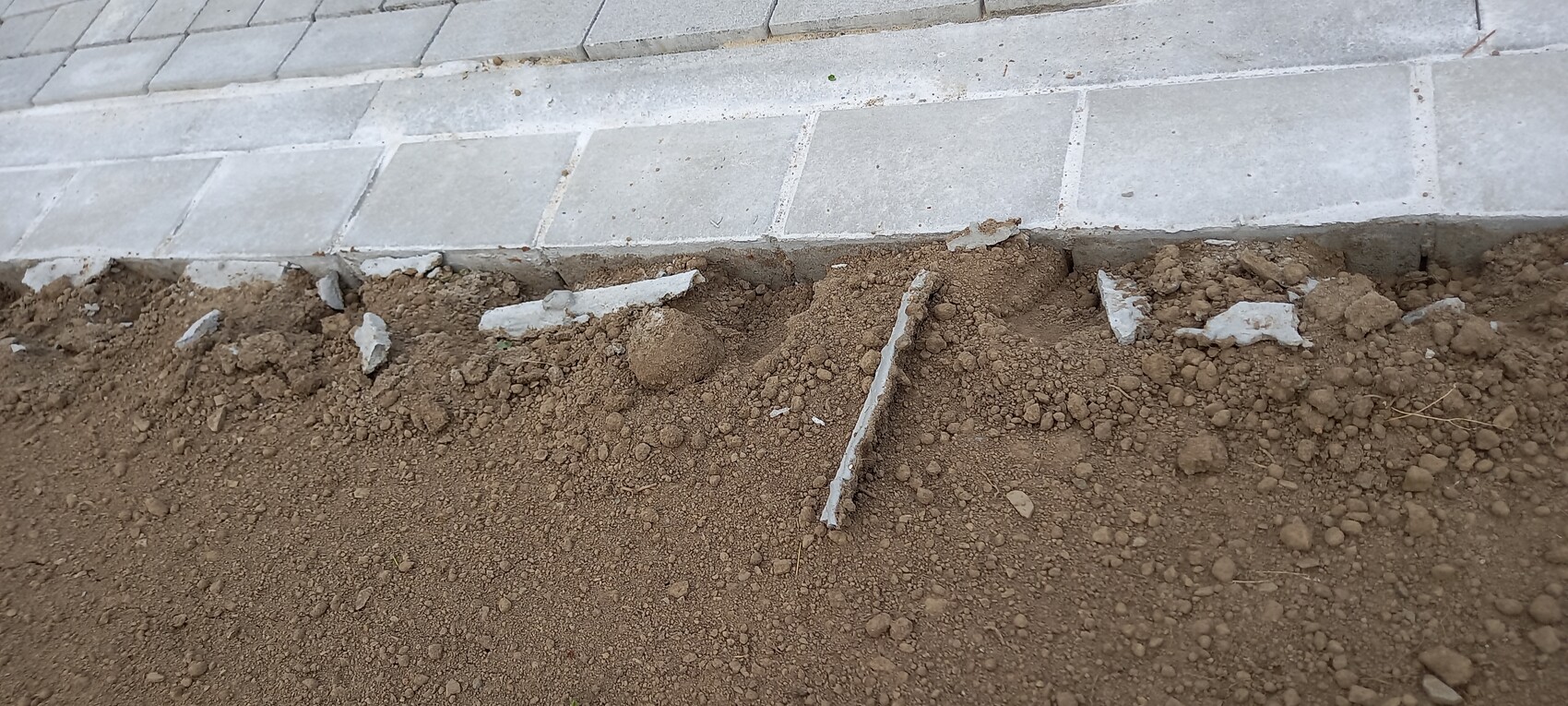 Gehweg aus grauen Pflastersteinen; daneben offengelegtes Erdreich mit Betonbruchstücken.