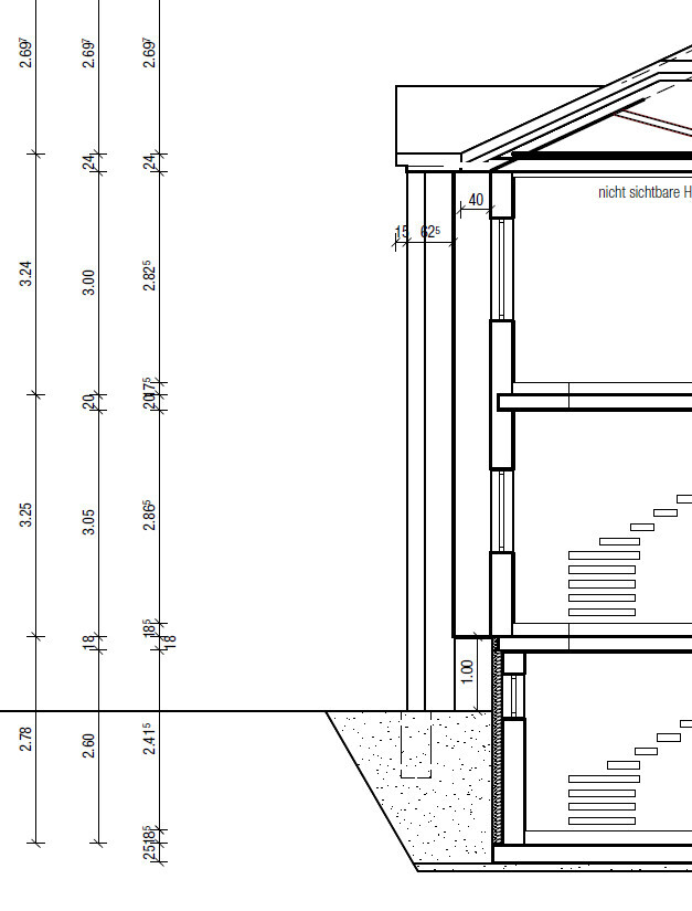 Architekturzeichnung: Detail-Schnitt eines Gebäudes mit Treppen, Wänden, Dachüberbau und Maßlinien.