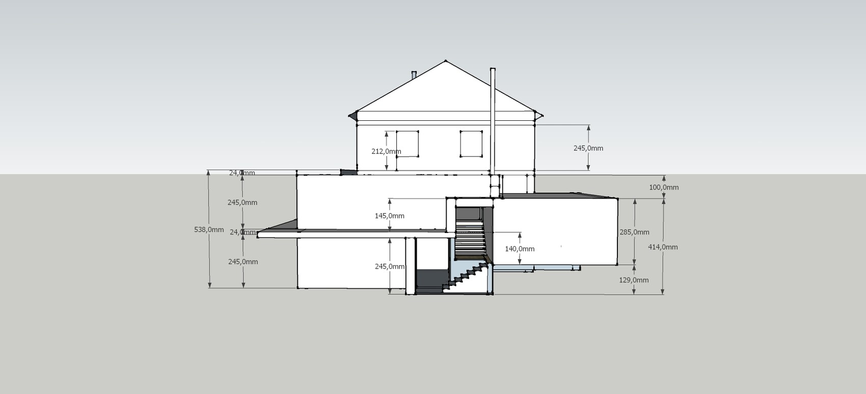 Architekturquerschnitt eines Gebäudes mit Keller, Rohbau und Treppen