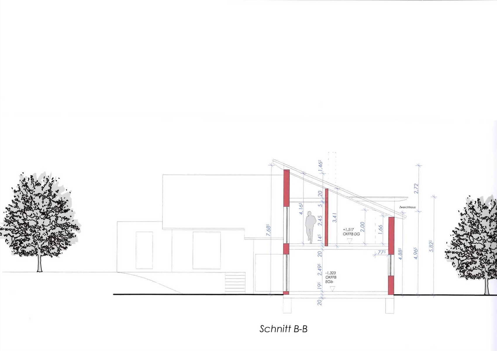 Architekten-Schnitt B-B: Gebäudequerprofil mit Rohbau und Fundamenten