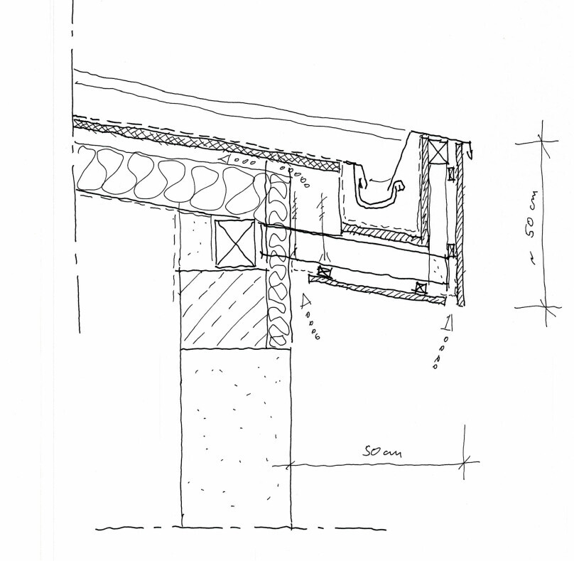 Schnitt durch Wandaufbau mit Dämmung, Fundament und Anschlussbereich, ca. 50 cm