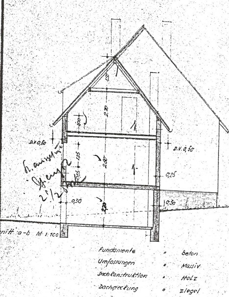 Schnittzeichnung eines Hauses mit Fundament, Wänden und Dach