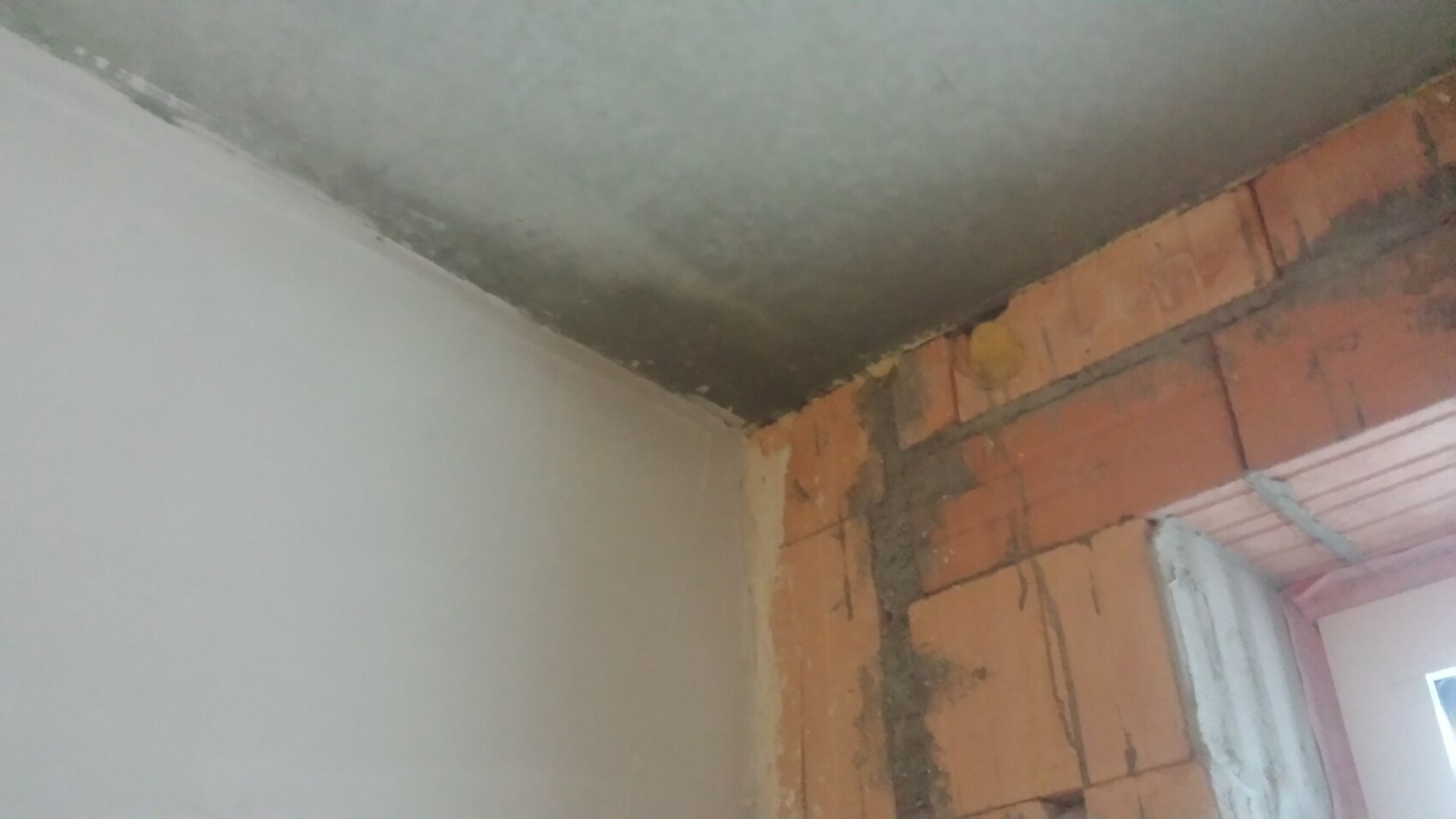 Roher Innenraum mit unverputzter Ziegelwand und roher Beton-Decke