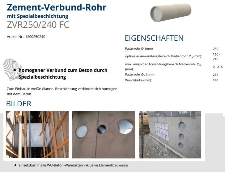Broschüre Zement-Verbund-Rohr mit Spezialbeschichtung und Betonwand-Bildern