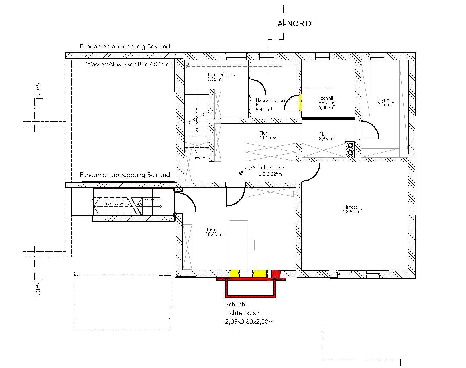 Architektenplan Kellergeschoss Fundament mit Treppenhaus und Räumen