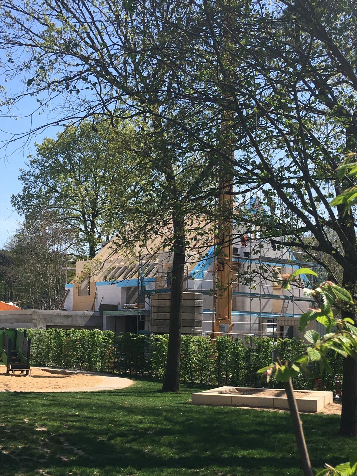 Baustelle hinter Park mit Gerüsten, Baukran und unfertigem Gebäude; Bäume im Vordergrund.