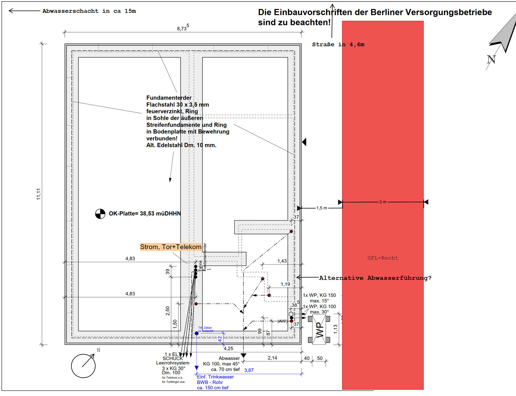 Grundrissplan: Abwasser, Strom/Telekom, Bauteile; rote Fläche rechts.