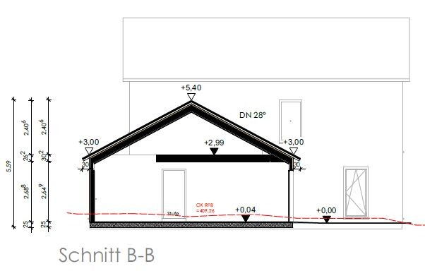 Schnitt B-B durch ein Haus mit Satteldach, Innenraum und Türen.