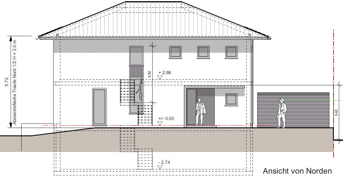 Nordansicht eines zweigeschossigen Hauses mit Dach, Garage und Kellergeschoss sowie Personen.