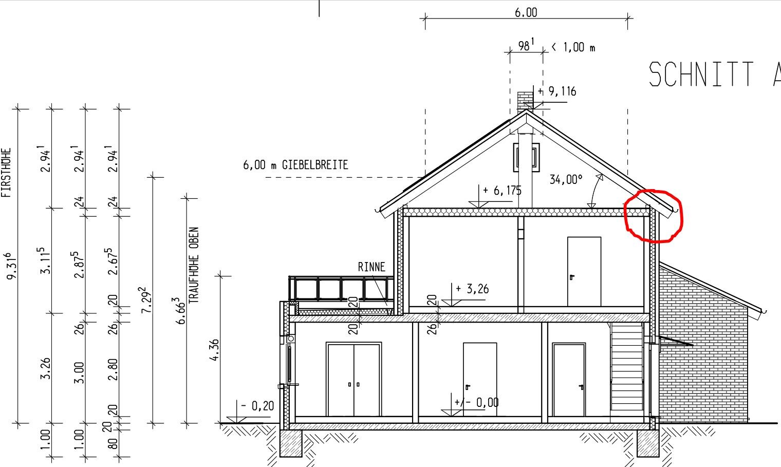 Schnitt durch ein zweigeschossiges Haus mit Dachstuhl, Treppen und Fundament