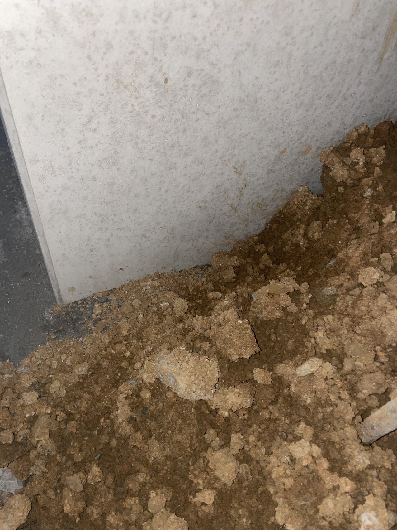 Betonfundamentwand mit Erdreich und Baugrubenaushub sichtbar