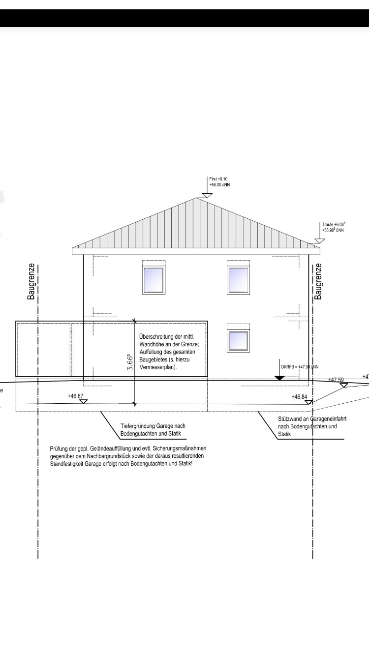 Architektenzeichnung eines Einfamilienhauses mit Dach, Garage und Fundamenten