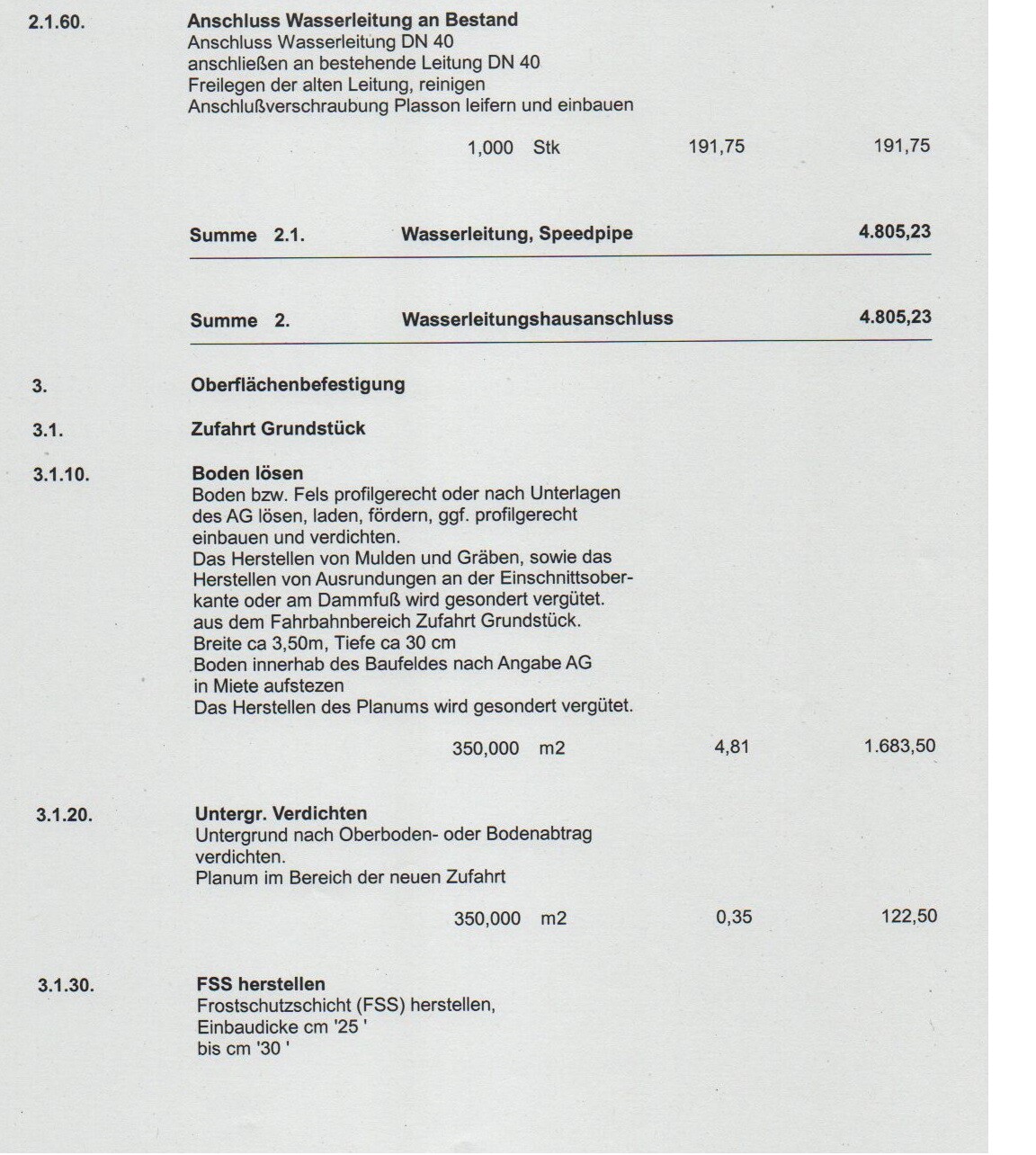 Dokumentenseite mit Bauarbeiten: Wasserleitungen, Bodenarbeiten und Untergrundverdichtung