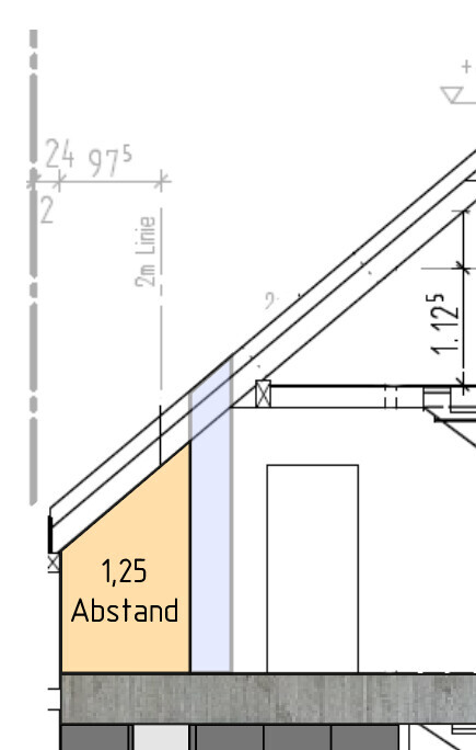 Bau-Querschnitt: schräges Dach, Abstand 1,25 m, blaue Stütze, peachfarbene Zone.