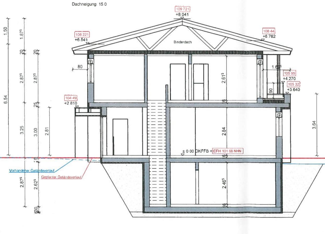 Querschnitt durch ein mehrstöckiges Haus mit Treppe, Keller und Dachkonstruktion.
