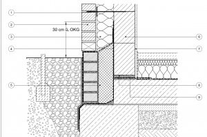 Schnitt durch Fundament und Wandaufbau mit Erdreich, Dämmung und Schichtaufbau.