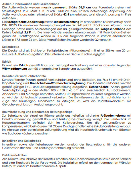 Technische Bau-Dokumentation zu Außenwand, Keller, Estrich, Dämmung und Heizung.