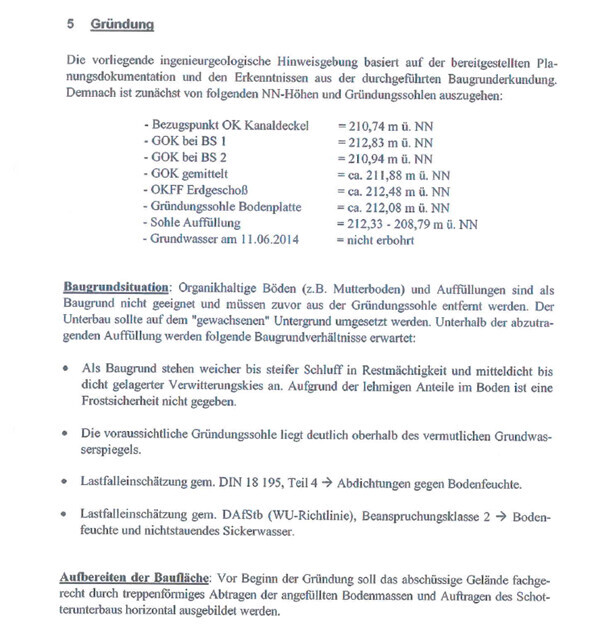 Technische Bauunterlagen zur Gründung, Fundament, Bodenbeschaffenheit und Richtlinien.