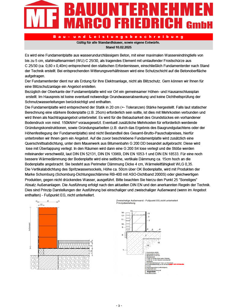 Dokument mit Bauunternehmenslogo, Textbeschreibung und Fundamentzeichnungen.