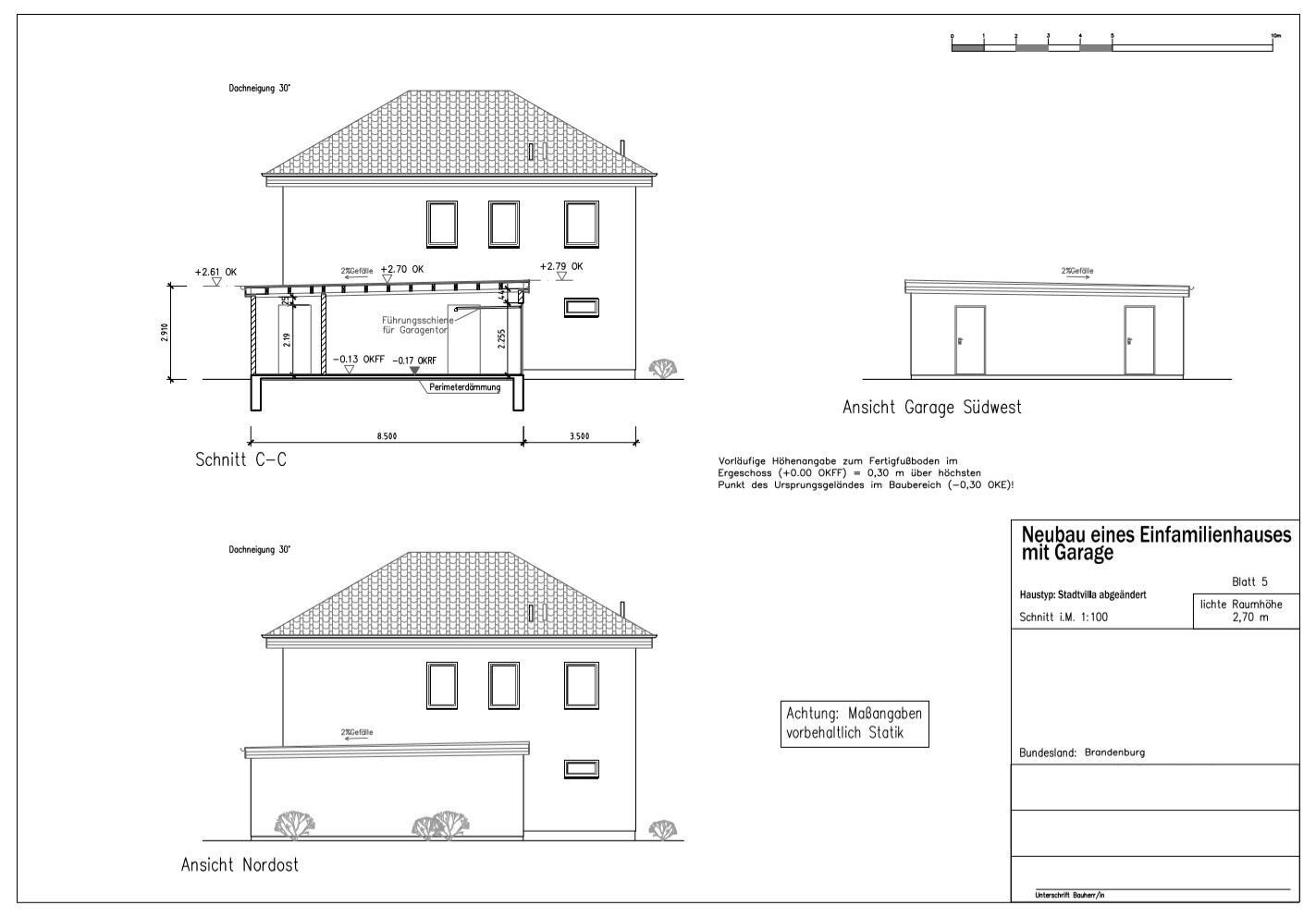 Architekturplan: Neubau eines Einfamilienhauses mit Garage; Ansichten Nordost/Südwest.