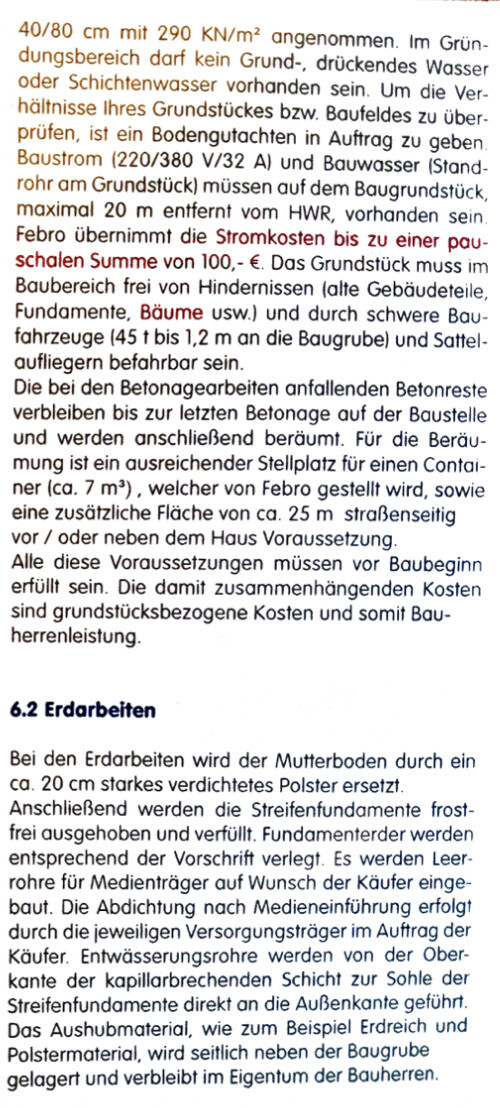 Technische Dokumentenseite mit Erdarbeiten, Fundamenten und Baukosten.