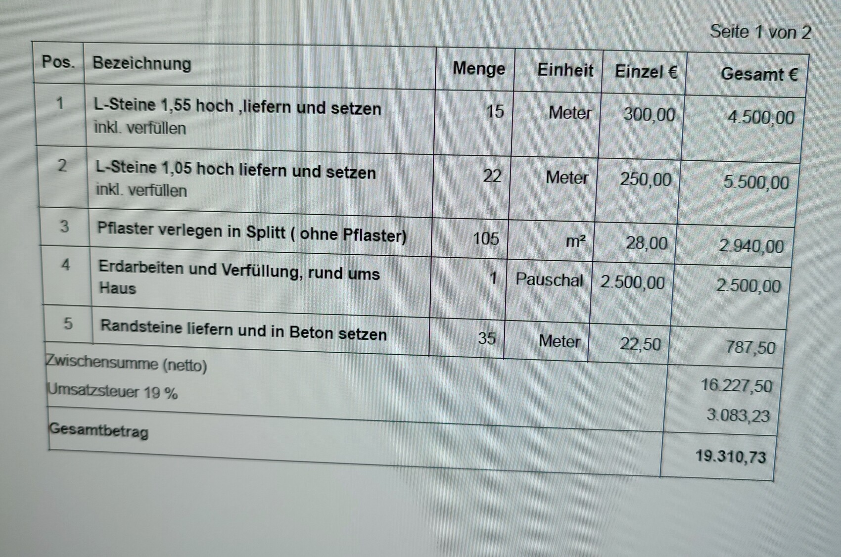 Kostenaufstellung Bauleistungen: Steine, Pflaster, Erdarbeiten, Randsteine; Gesamtbetrag