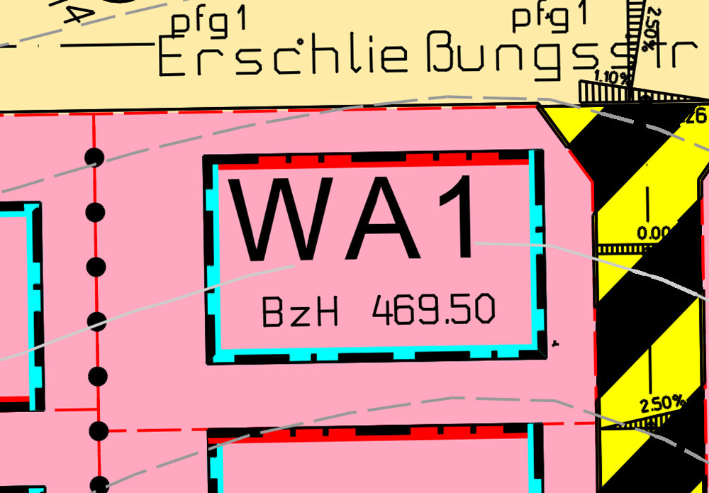 Bebauungsplan WA1: rosa Fläche mit BzH 469.50, Grenzlinien, rechts gelb-schwarze Absperrung.