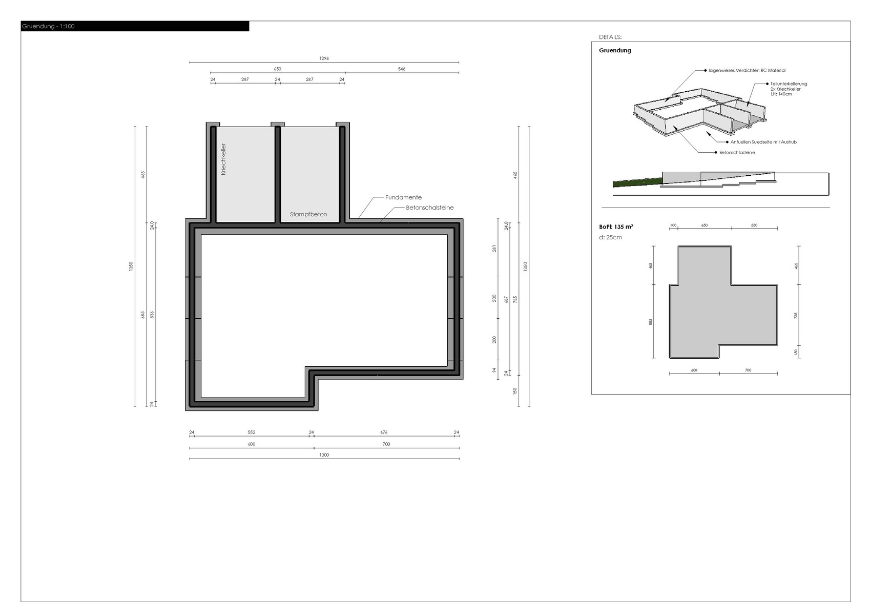Grundriss und Fundamentplan eines Gebäudes mit Abmessungen und Wandstrukturen