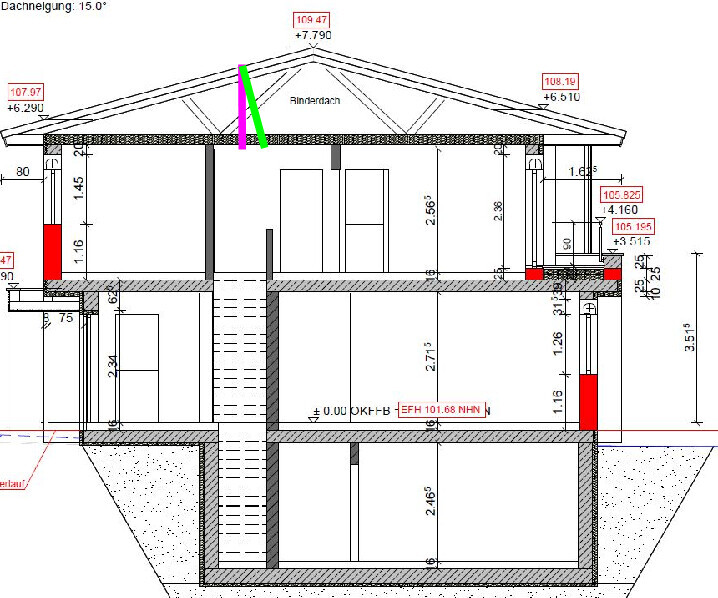 Querschnitt durch ein mehrstöckiges Haus mit Fundament, Treppe und Dachkonstruktion.
