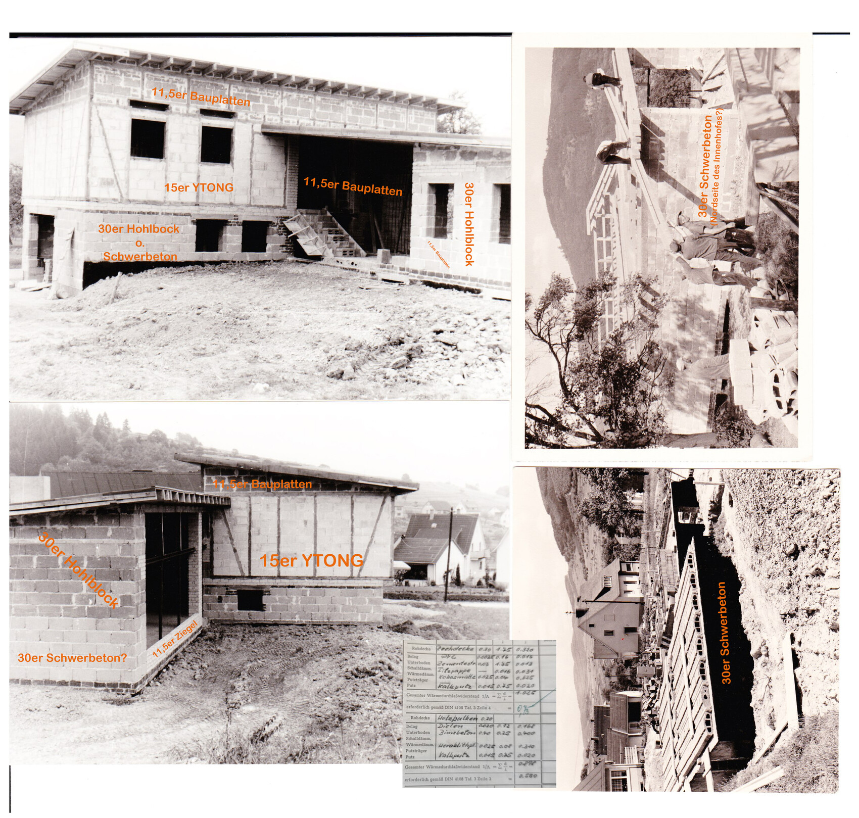 Mehrere Bauaufnahmen eines Rohbaus: YTONG, Bauplatten, Hohlblock und Schwerbeton in einer Collage.