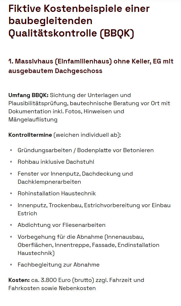 Fiktive BBQK-Kostenbeispiele für ein Massivhaus mit Leistungsübersicht und Kosten.