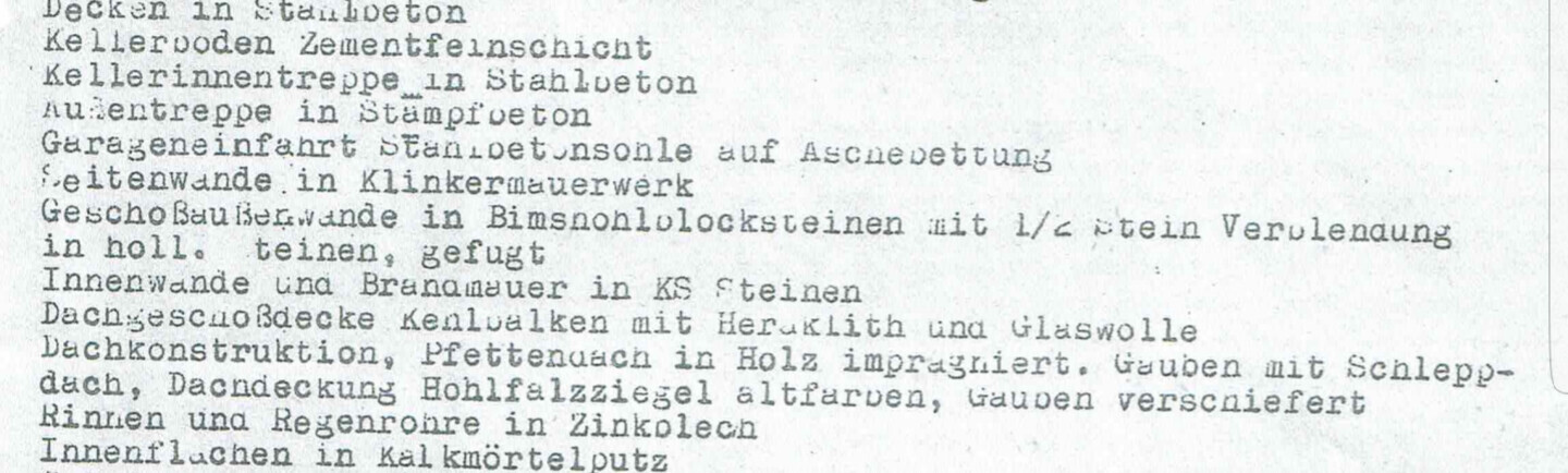 Textliste zu Rohbau- und Dachkonstruktion mit Wänden, Keller und Baumaterialien