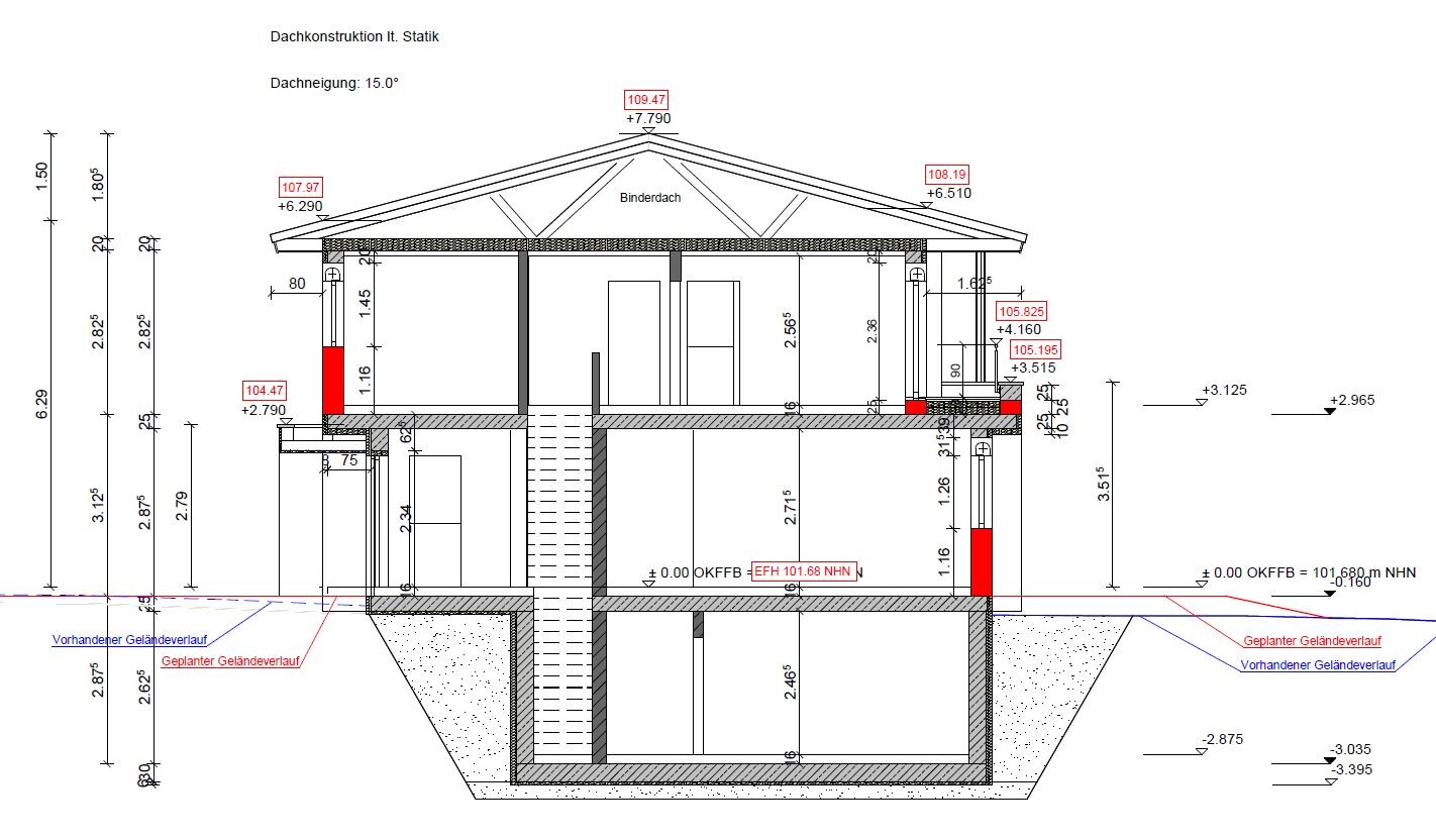 Querschnitt durch ein mehrstöckiges Haus mit Dachkonstruktion, Treppenhaus, Wänden und Fundamenten.