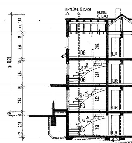Schnitt durch ein mehrstöckiges Haus mit DG, OG, EG, Treppen und Fundament
