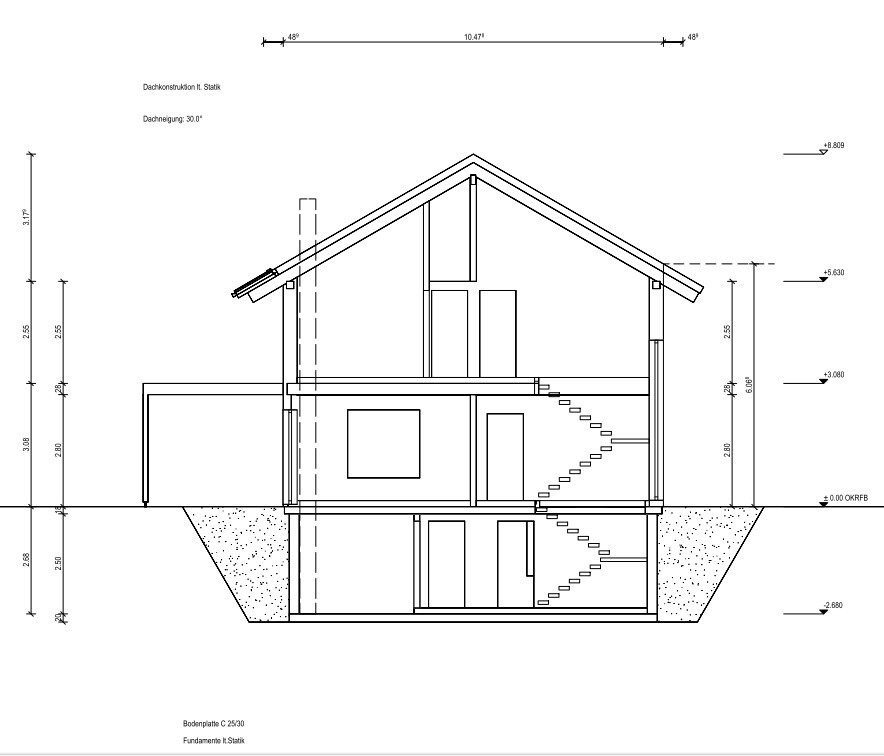 Schnitt durch ein mehrstöckiges Haus mit Keller, Treppenhaus, Dachfirst, Fenstern und Fundamenten.