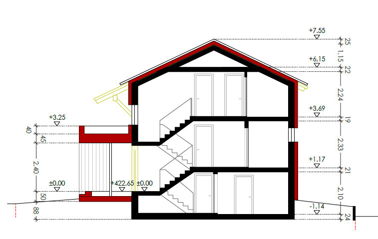 Schnitt durch ein mehrstöckiges Haus mit Treppenhaus, Wänden und Dachkonstruktion.