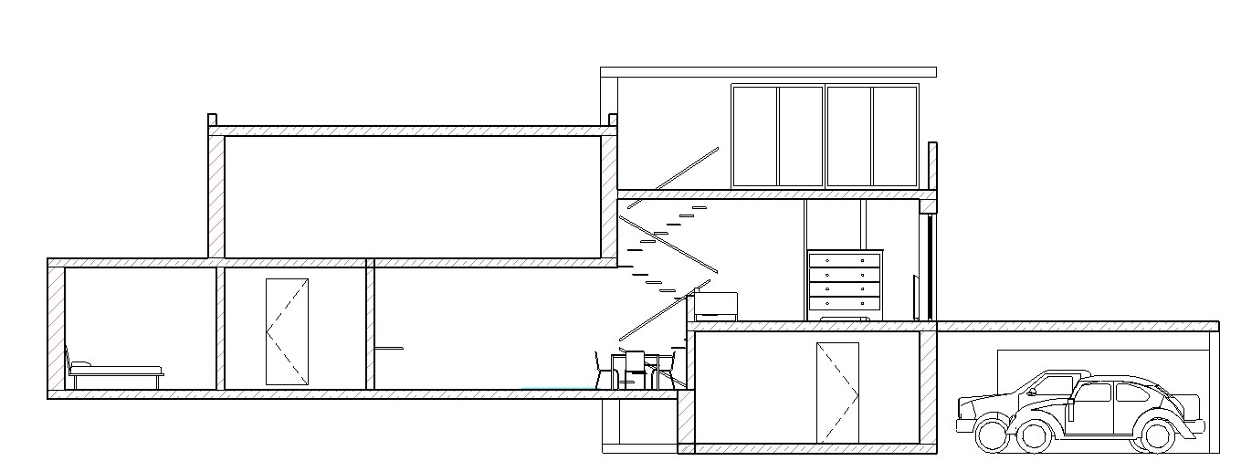 Schnitt durch ein mehrstöckiges Haus: Treppen, Wohn- und Schlafräume, Garage mit Auto