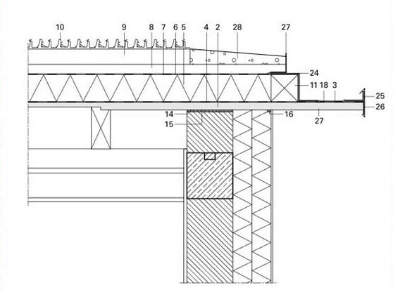 Querschnitt einer Dachkonstruktion über Wand, Fundament, Dämmung und Bodenplatten
