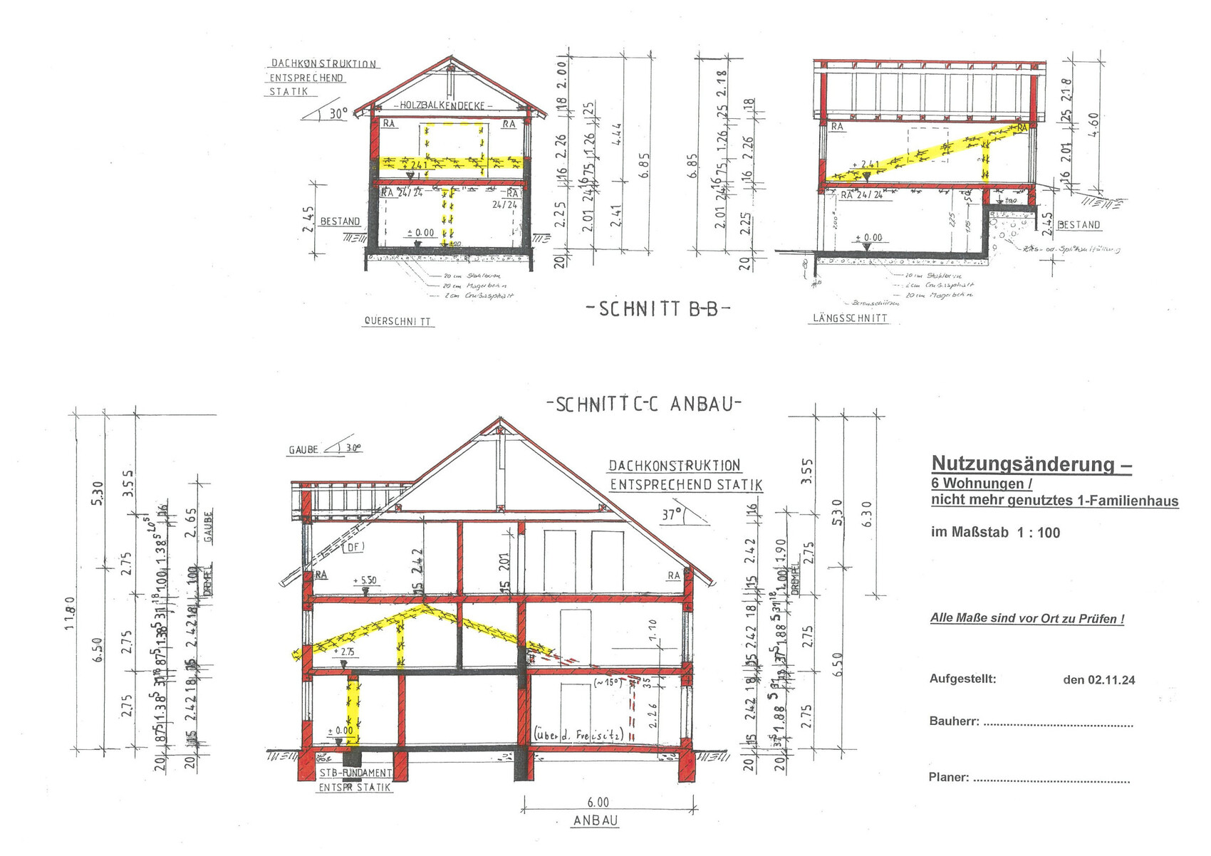 Architekturzeichnungen eines Hauses mit Schnitte B-B, C-Anbau und Grundriss, Maßstab 1:100.