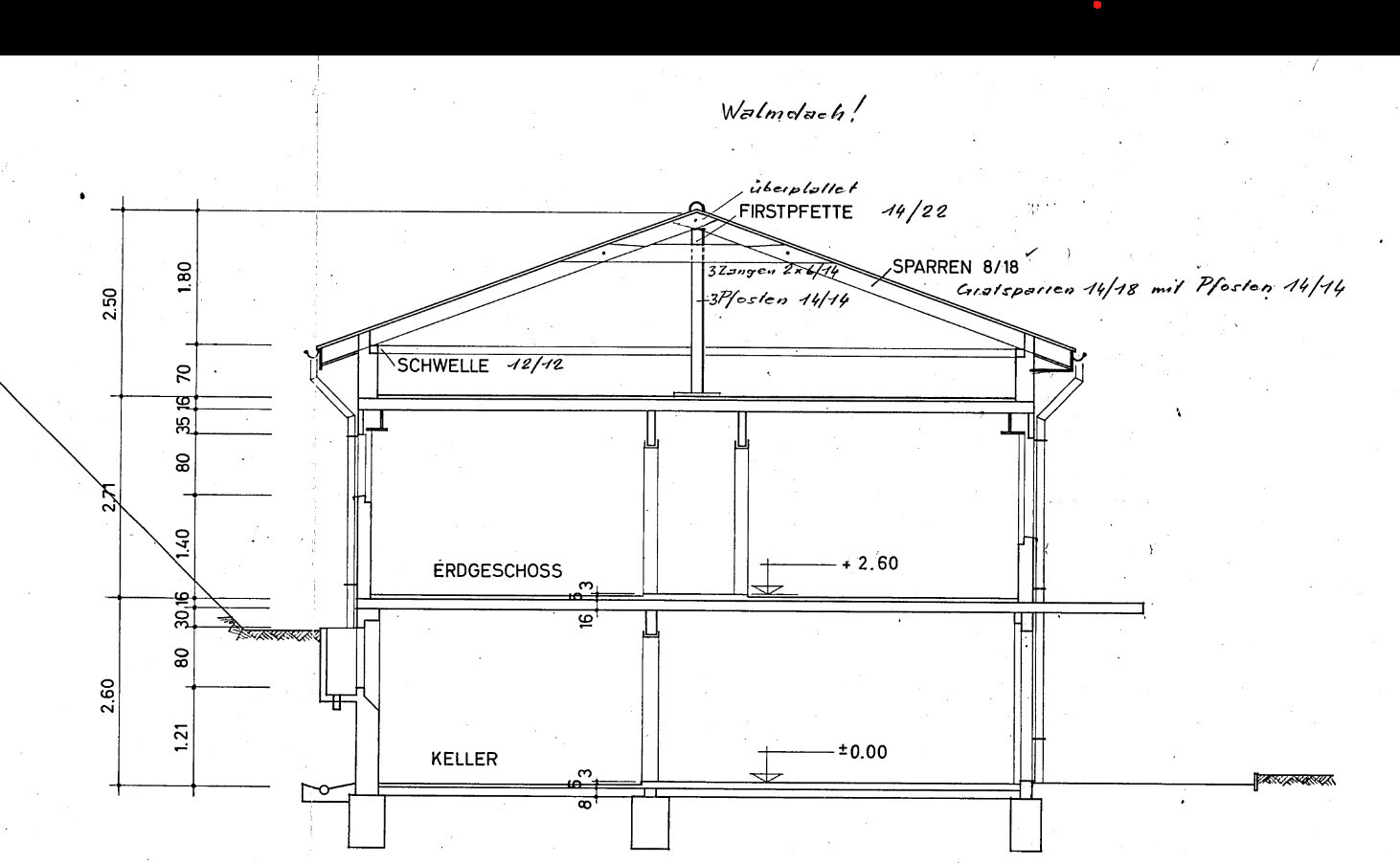 Schnitt durch ein Haus mit Keller, Erdgeschoss und Dachstuhl, technische Bauzeichnung