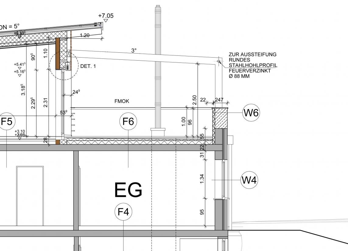 Schnitt durch Gebäudewand mit Fundament, Decke und Haustechnik im Erdgeschoss