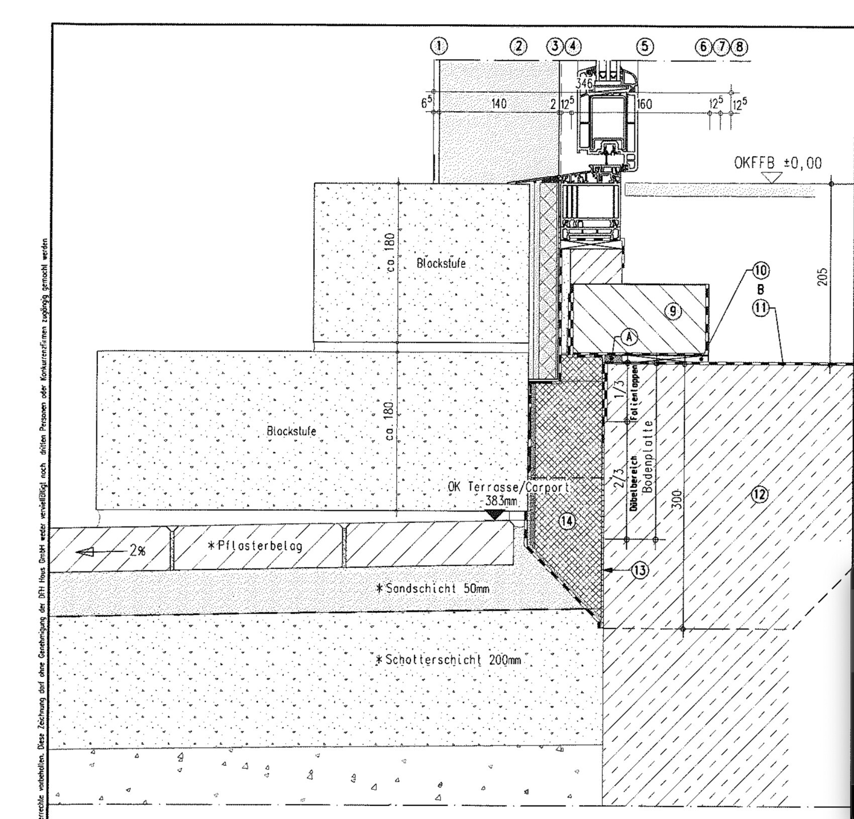 Querschnitt durch Terrassenkonstruktion mit Blockstufen, Pflaster und Schotter.