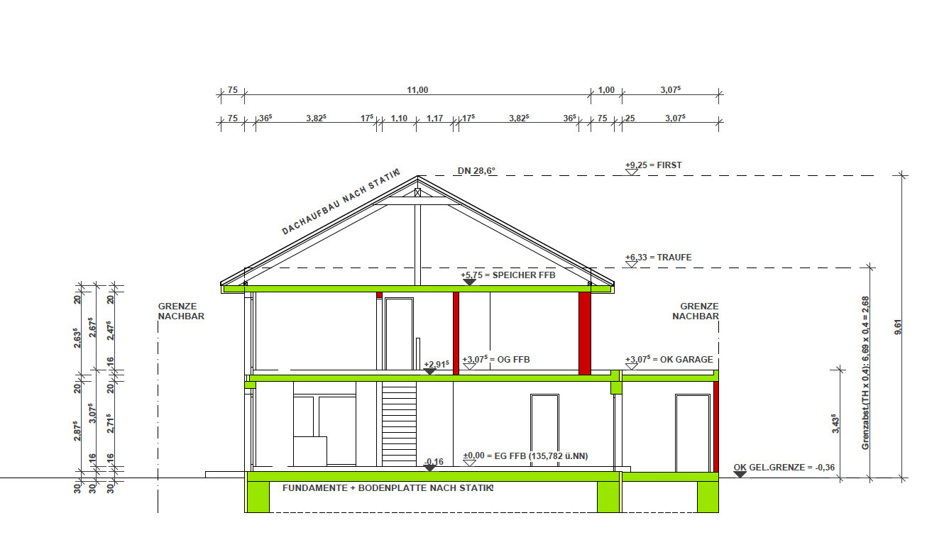 Architekten-Schnitt durch zweigeschossiges Haus mit Dachstuhl, Fundamenten und Maßlinien.