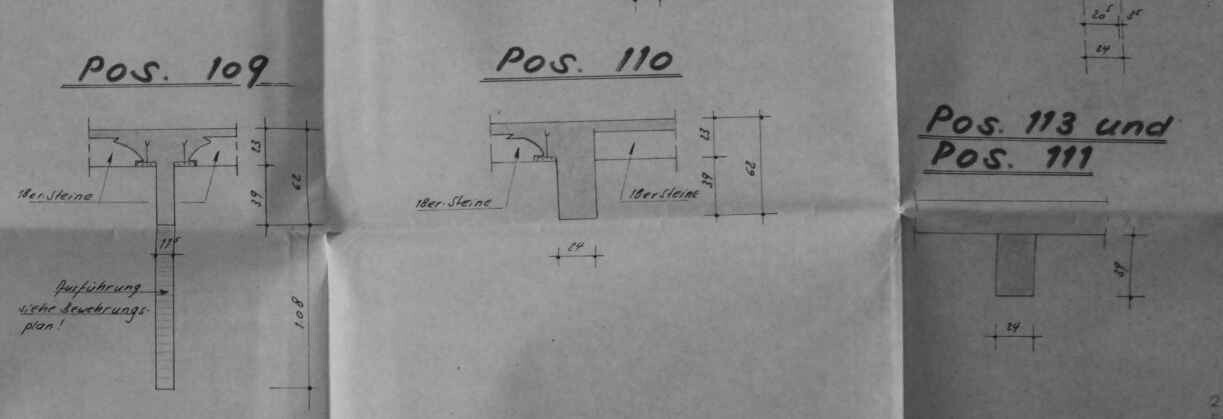 Architekturzeichnung mit Rohbau- und Fundamentdetails, Pos.109/110