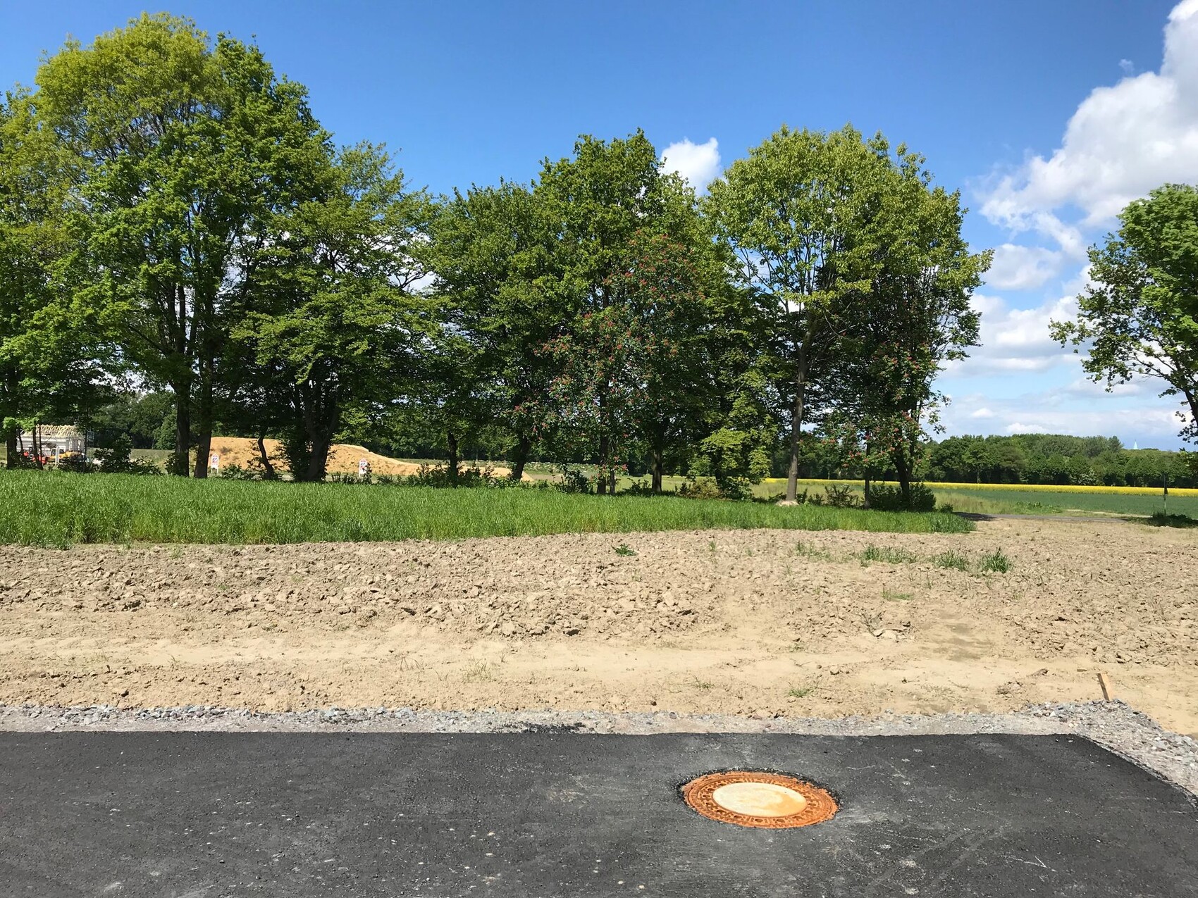 Asphaltweg im Vordergrund mit orangefarbenem Deckel, dahinter Gras, Bäume und blauer Himmel.