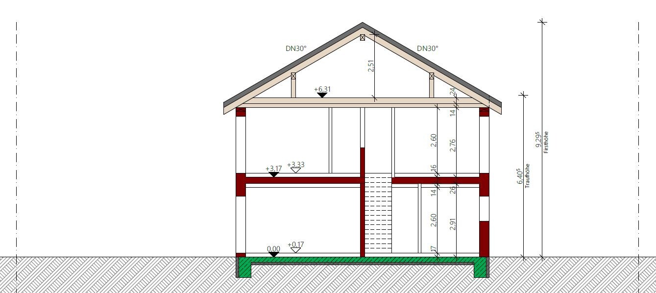 Querschnitt eines zweistöckigen Hauses mit Satteldach, Treppe, Decken und Maßangaben.