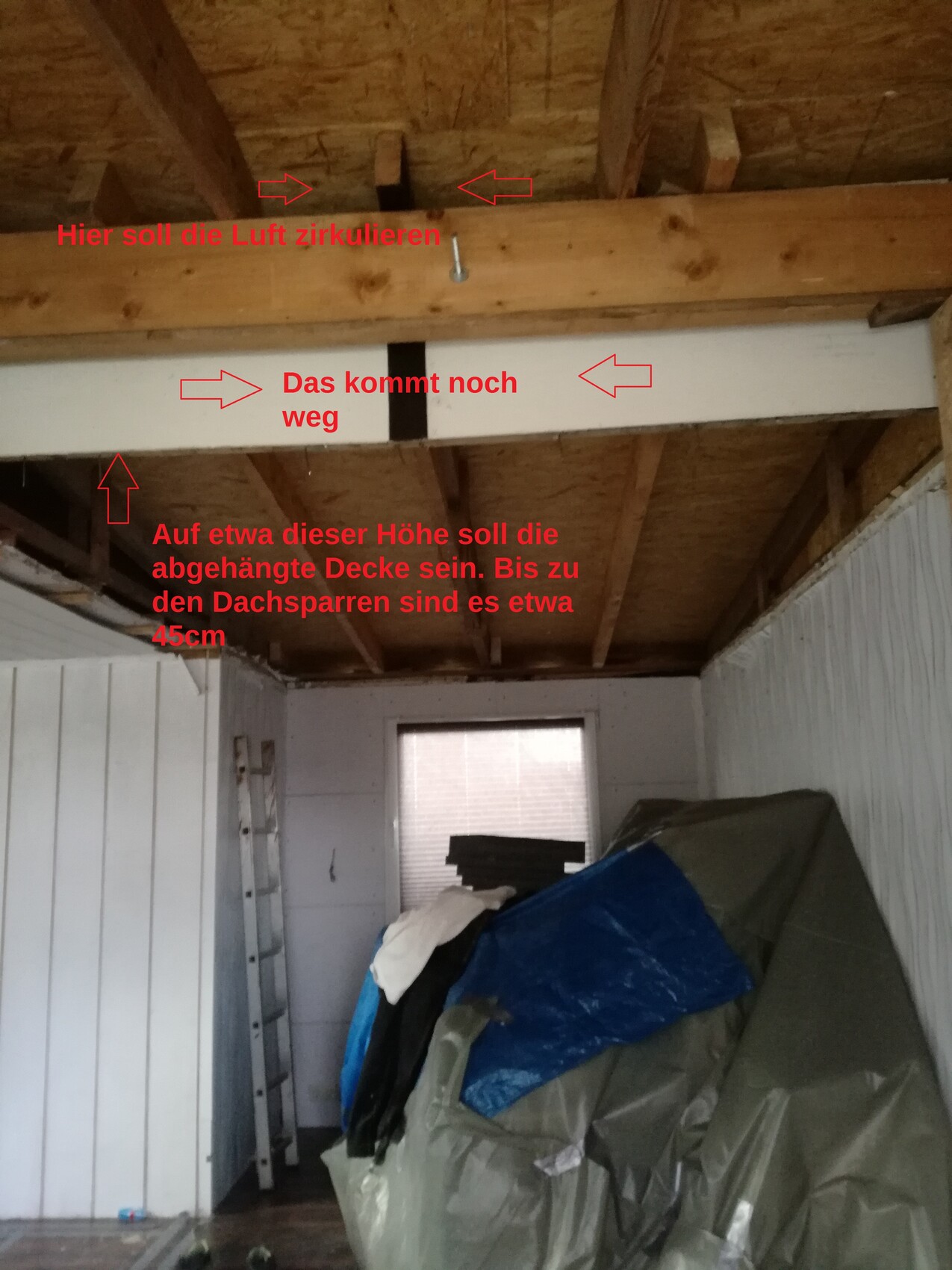 Unfertiger Innenraum im Rohbau mit Holzbalken, Baumaterialien und Abdeckplanen