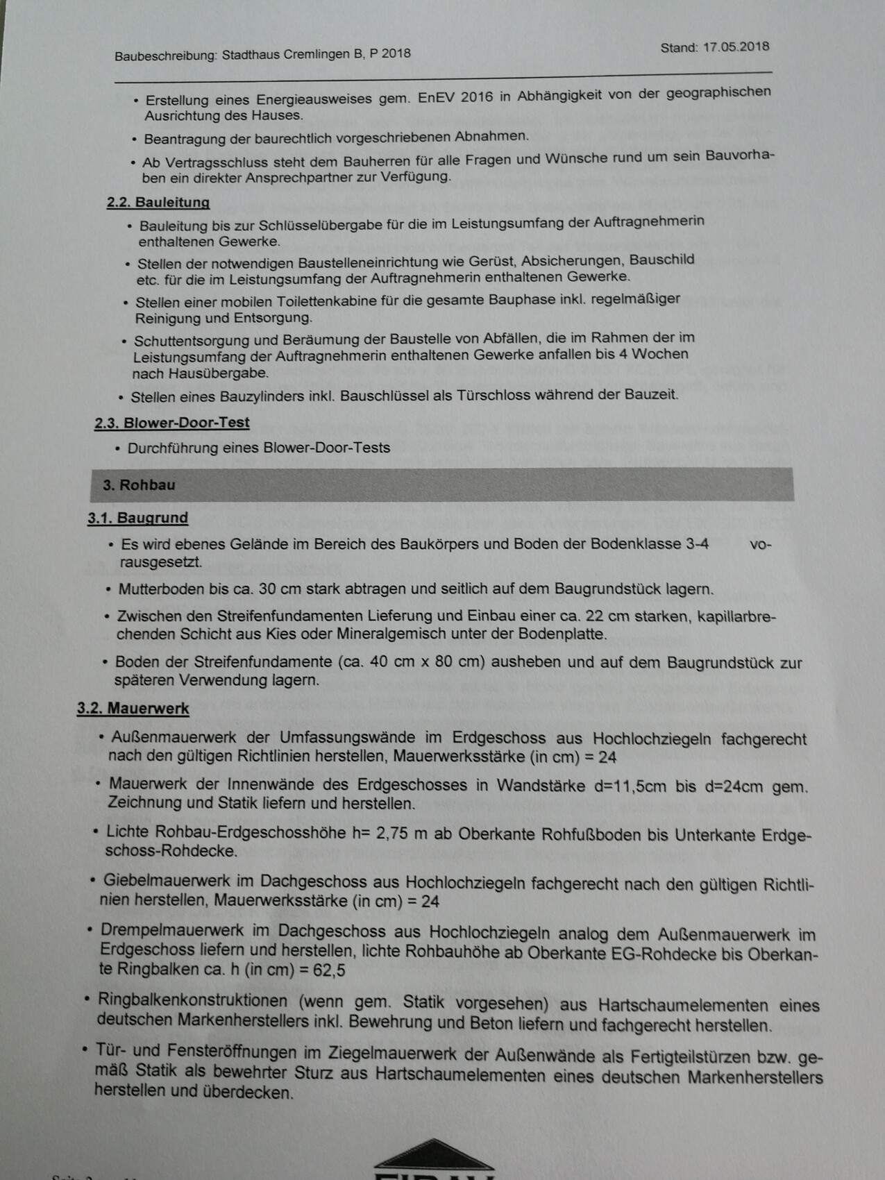 Seite aus Bauplan mit Abschnitten Baugrund, Rohbau und Mauerwerk.